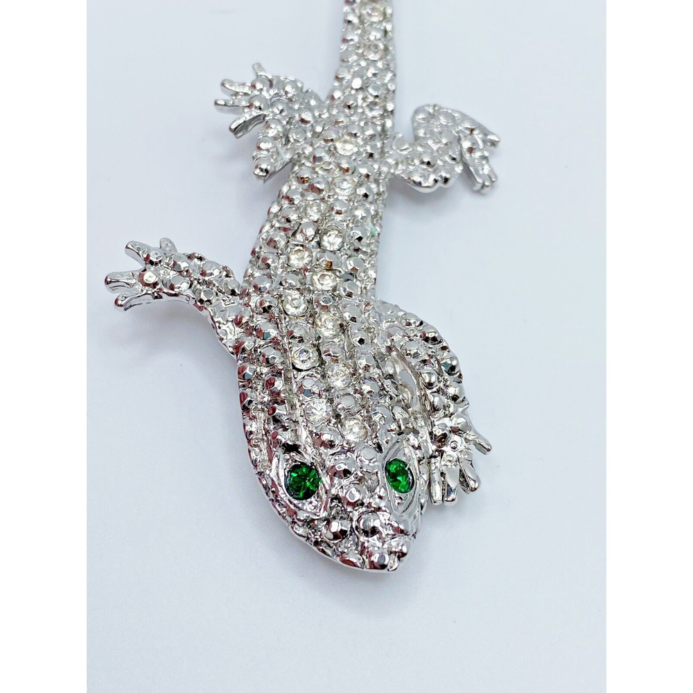 Large Silver Tone Clear Rhinestone Green Eye Lizard Gecko Brooch Pin Figural - Picture 2 of 5